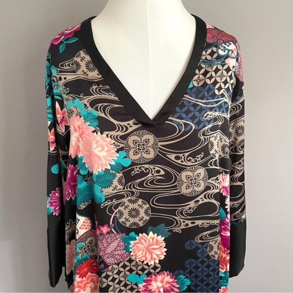 Natori Black Asian Floral Long Sleeve Kaftan Nightgown Dress - Small / Medium - Picture 2 of 10